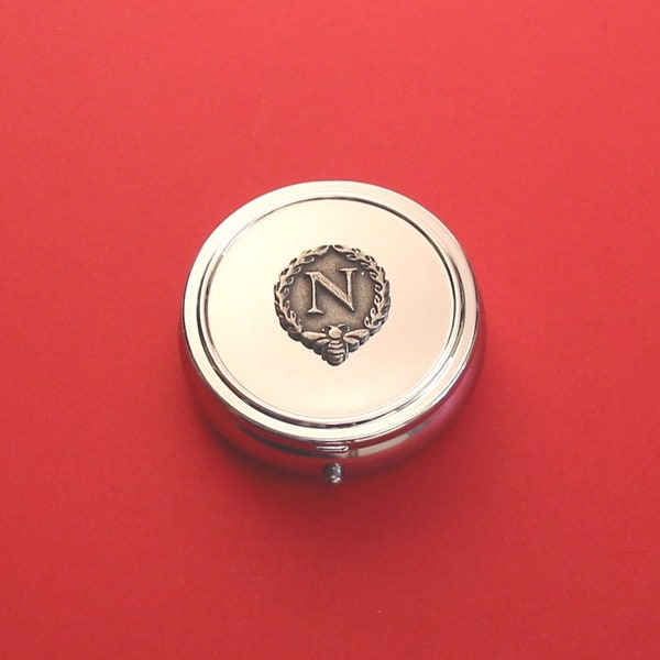 N & Bee Pewter Motif on Round Chrome Mint / Pill Box History Teacher Historical Napoleonic Gift