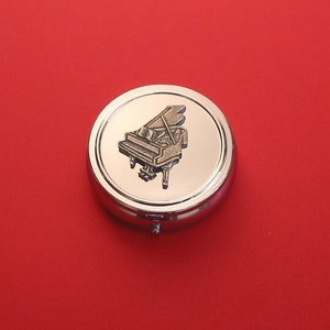 Piano Pewter Motif on Round Chrome Mint / Pill Box Music Teacher Musician Christmas Gift image 1