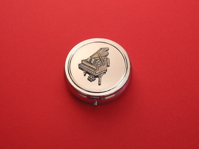 Piano Pewter Motif on Round Chrome Mint / Pill Box Music Teacher Musician Christmas Gift image 1