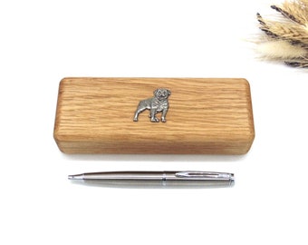 Boîte à stylos et ensemble de stylos en bois de chêne design Rottweiler - Cadeau pour rottweiler - Cadeau pour amoureux des chiens - Organiseur de bureau avec rangement pour stylos - Cadeau pour la fête des pères