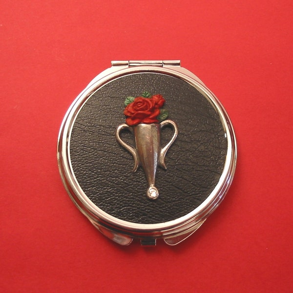 Poirot style Boutonniere Motif On Round Compact Mirror with Black Faux-Leather Top & Swarovski crystal Mother Christmas Gift