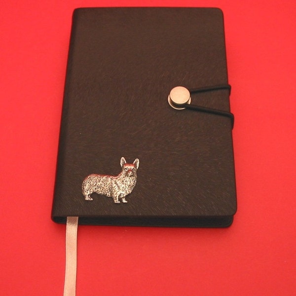 Corgi Dog Hand Cast Pewter Motif en A6 Black Journal - Corgi Notebook - Welsh Corgi Gifts - Corgi Dad Gift - Christmas Gift Dog Notebook