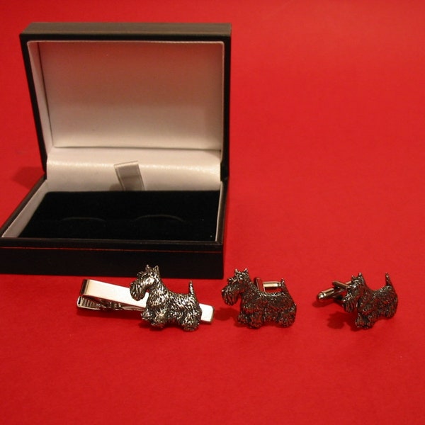 Scottish Terrier Design Cufflinks & Tie Clip Set Unique Handmade Wedding Christmas Birthday Anniversary Scottie Pet Dog Gift