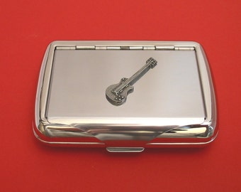 Guitarra eléctrica, lata de tabaco cromada, regalo para fumadores, caja de baratijas para músicos.