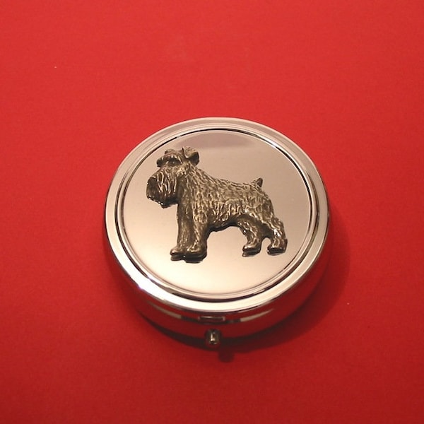 Miniature Schnauzer Pewter Motif on Round Chrome Mint / Pill Box Mother Father Christmas Gift