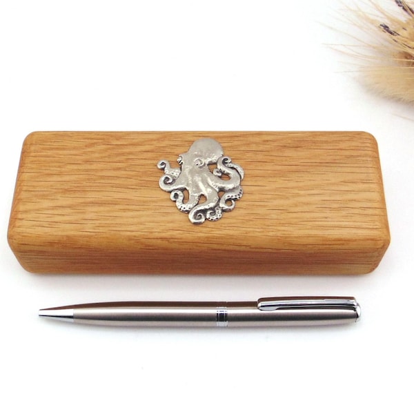 Octopus Oak Wooden Pen Box & Pen Set, Octopus Gift, Ocean Life Gift, Fathers Day Gift