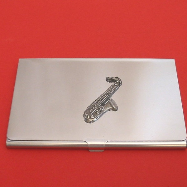 Saxophone Chromed Card Holder With Hand Cast Pewter Motif Orchestra Brass Band Music Gift