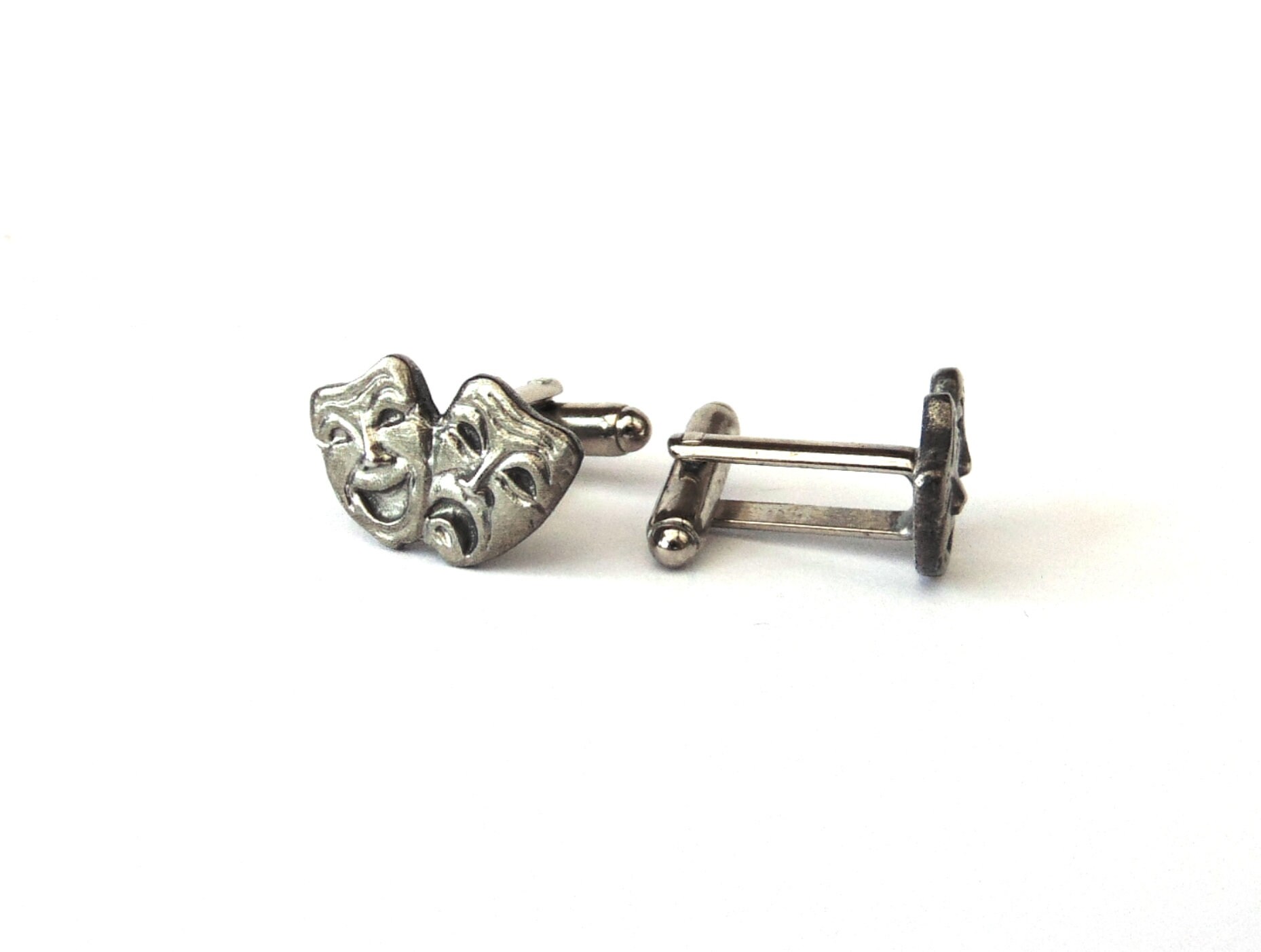 Pince à Cravate Et Boutons De Manchette Vintage - Visages Heureux/tristes, Aspect Argent, Occasion