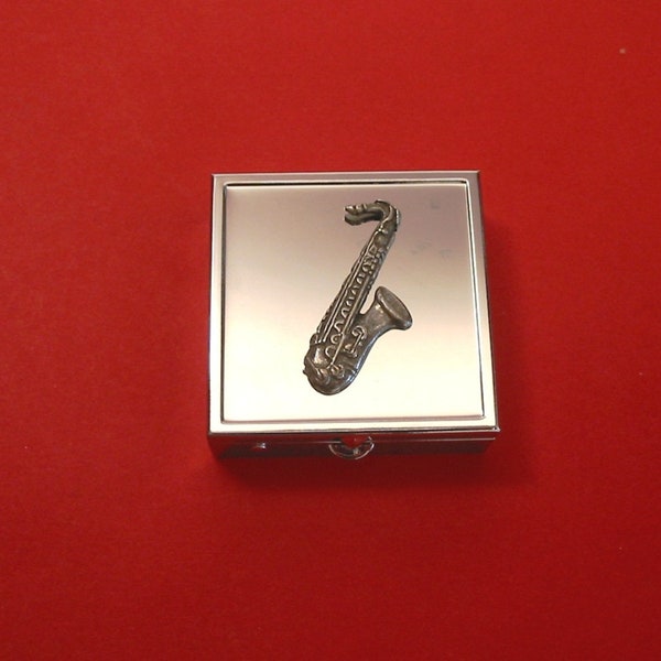 Design a forma di sassofono, quadrato, menta / Portapillole, piccolo portagioie, portapillole per medicinali e vitamine - Regalo a tema musicale