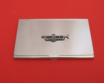 Trumpet Chromed Card Holder With Hand Cast Pewter Motif Orcestra Brass Band Music Gift