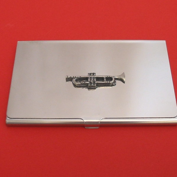 Trumpet Chromed Card Holder With Hand Cast Pewter Motif Orcestra Brass Band Music Gift