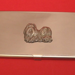 Chien Shih Tzu chromé titulaire de la carte avec la main fonte étain Motif mère père Shih Tzu cadeau