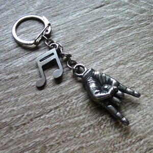 Porte-clés en étain Rock On et notes de musique - Cadeau unique pour la fête des pères - Cadeau heavy metal - Porte-clés musique - Cadeau musicien - Cadeau rocker pour papa