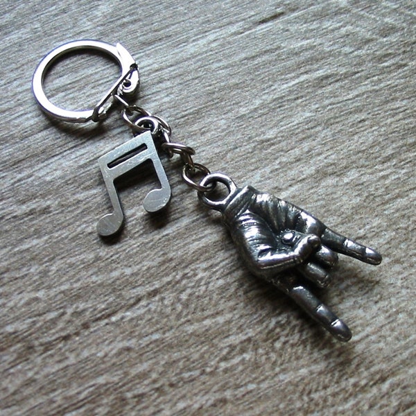 Rock On & Music Notes Pewter Keyring - Unique Fathers Day Gift - Heavy Metal Gift - Music Keychain - Musician Gift - Rocker Dad Gift