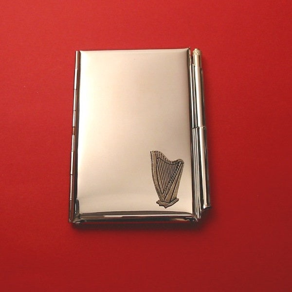 Harp Chrome Notebook & Pen Card Holder With Hand Cast Pewter Motif Musician Harpist Gift