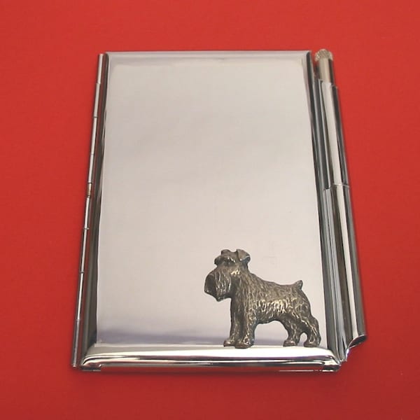 Miniature Schnauzer Chrome Notebook & Pen Card Holder With Hand Cast Pewter Motif Mother Father Schnauzer Gift