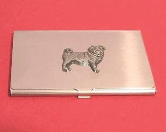 Mopshond ontwerp kaarthouder met handgegoten tinnen motief, pug cadeau