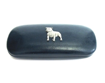 Staffordshire Bull Terrier Dog Hand Cast Pewter Motif on Blue PU Leather Glasses Case - Staffordshire Bull Terrier Gift - Fathers Day Gift