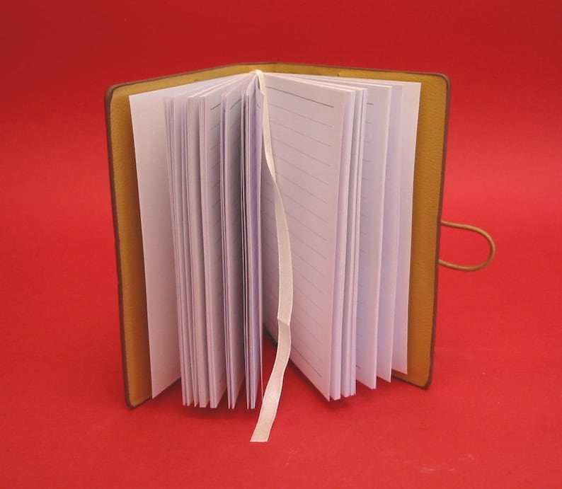 May include: A brown leather-bound journal with a white ribbon bookmark. The journal has lined pages and is open to reveal the blank pages.