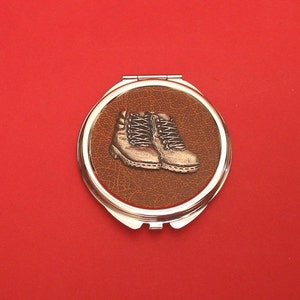 Walking Boots Pewter Motif On Round Compact Mirror with Brown Faux-Leather top Rambler Hiking Walkers Gift