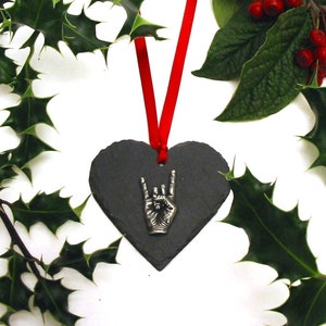 Rock On Natural Slate Heart Hanging Ornament - Christmas Decoration 2025 - Heavy Metal Rock Music Gift - Mum Dad Christmas Wedding Gift
