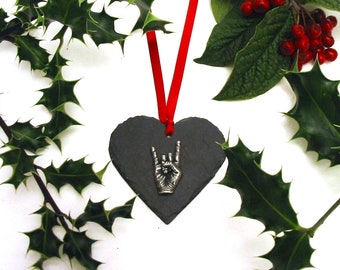 Rock On Natural Slate Heart Hanging Ornament - Christmas Decoration 2024 - Heavy Metal Rock Music Gift - Mum Dad Christmas Wedding Gift