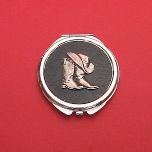 Cowboy Hat and Boots Pewter Motif On Round Compact Mirror with Black Faux-Leather top Mother Daughter Country & Western Gift