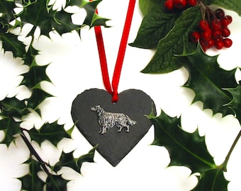 Adorno colgante de corazón de pizarra natural de setter irlandés - Decoración navideña de setter irlandés - Regalo de setter irlandés - Adorno navideño para perro
