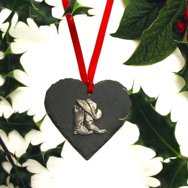 Cowboy Boots & Hat Design Slate Heart Hanging Ornament - Christmas Ornament 2024 - Line Dancing Cowboy / Girl Gift for Christmas