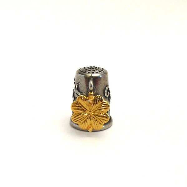 Four Leaf Clover Good Luck Thimble - Gold Plated Four Leaf Clover Charm - Hand Polished Pewter Collectors Thimble - Thimble Collector Gift