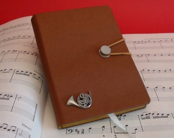 French Horn Hand Cast Pewter Motif on A6 Tan Notebook - Music Journal - Teacher Musician Music Gift