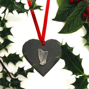 Harp Design Slate Heart Hanging Ornament Christmas Decoration Harp Gifts Irish Mum Gift Irish Christmas Gift Christmas Decoration image 1