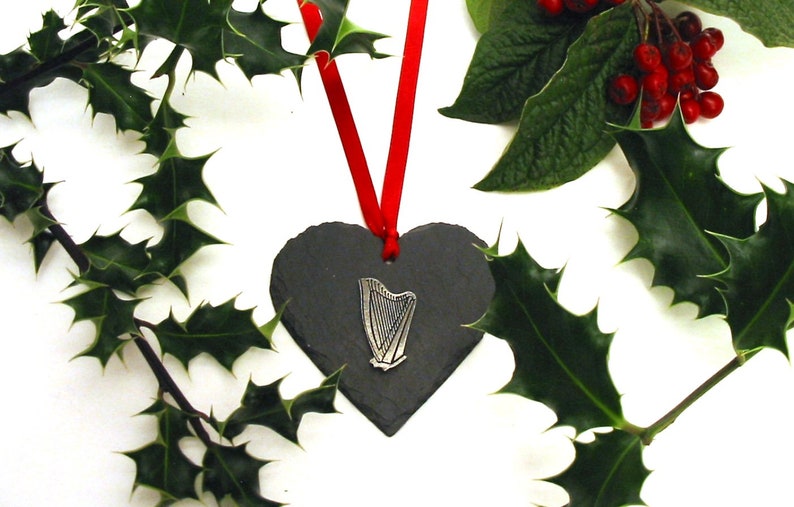 Harp Design Slate Heart Hanging Ornament Christmas Decoration Harp Gifts Irish Mum Gift Irish Christmas Gift Christmas Decoration image 1