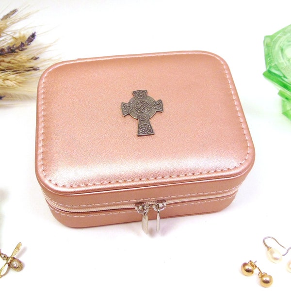 Celtic Cross design Rose Gold Travel Jewellery Box - Cadeau de Noël pour elle - Cadeau de maman irlandaise - Accessoire de voyage - Cadeau de mariage irlandais