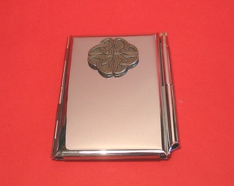 Celtic Knot Chrome Notebook - Pen Card Holder With Hand Cast Pewter Motif Celtic Themed Gift Mère Père Cadeau de Noel
