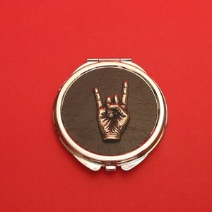 Rock On Pewter Motif On Black Round Compact Mirror Rock Music Gift Mother Ladies Christmas Guitarist Music Teacher Gift