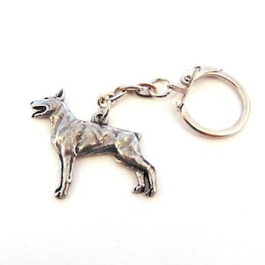 May include: A silver-coloured Doberman Pinscher keyring with a split ring.