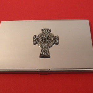 Celtic Cross Chrome Card Holder With Hand Cast Pewter Celtic regalo de Navidad regalo