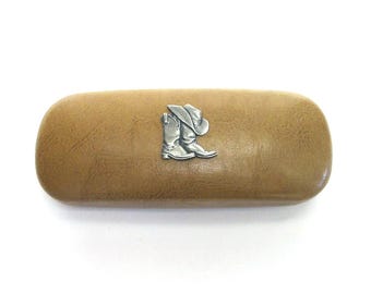 Cowboy Boots and Hat design Tan PU Leather Glasses Case - Cowboy Gift - Line dancing Gift - Christmas Gift - Mum Dad Birthday Gift