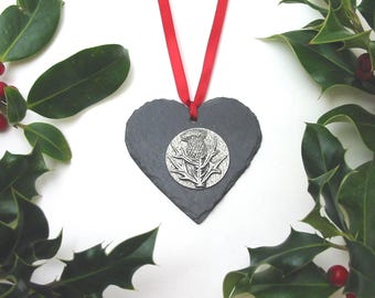 Scottish Thistle design Slate Heart Hanging Ornament, Scottish Christmas Decoration, Scottish Mum Gift