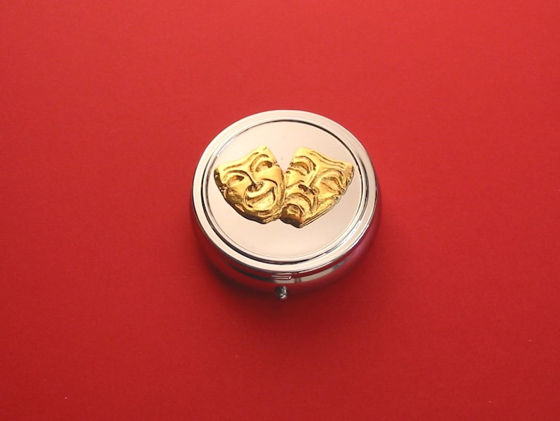 Comedy Tragedy Masks Gold Plated Pewter Motif on Round Chrome Mint Pill Box Drama Teacher Performing Arts or Theater Gift