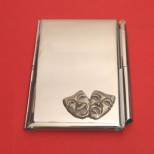 Maschere tragedia commedia Chrome Notebook e Pen Card Holder con mano Cast Pewter Motif Madre Padre Performing Arts regalo