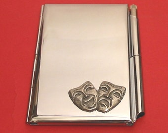 Comedy Tragedy Masks Chrome Notebook & Pen Card Holder With Hand Cast Pewter Motif Mother Father Performing Arts Gift