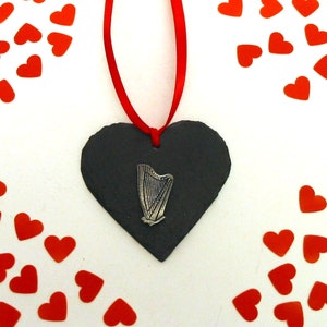 Harp Design Slate Heart Hanging Ornament Christmas Decoration Harp Gifts Irish Mum Gift Irish Christmas Gift Christmas Decoration image 2