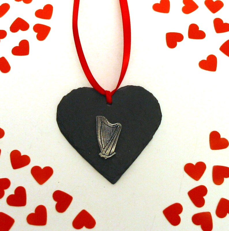 Harp Design Slate Heart Hanging Ornament Christmas Decoration Harp Gifts Irish Mum Gift Irish Christmas Gift Christmas Decoration image 2