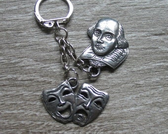 William Shakespeare & Comedy Tragedy Masks Pewter Combo Keychain - Theatre Drama Teacher Student Gift - Shakespeare Keyring