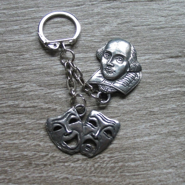 William Shakespeare & Comedy Tragedy Masks Pewter Combo Keychain - Theatre Drama Teacher Student Gift - Shakespeare Keyring