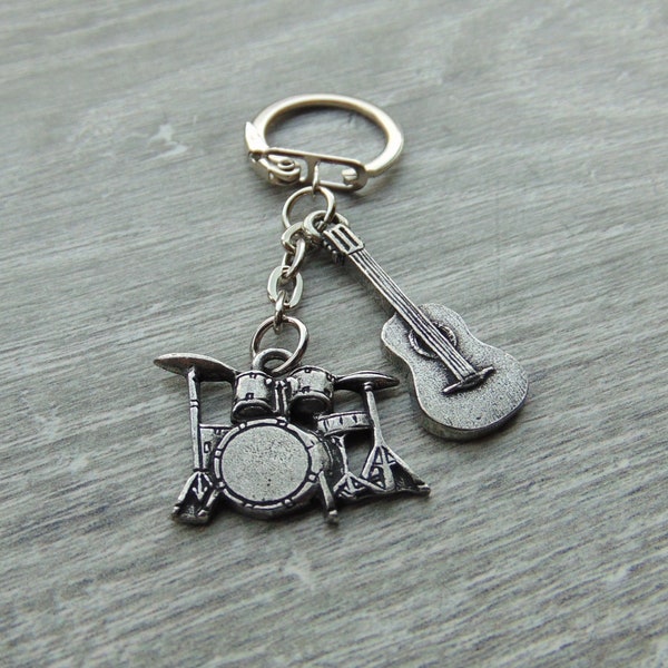 Drum Kit & Acoustic Guitar Pewter Keyring Combo - Music Gift Keychain - Drummer Gift - Guitarist Gift - Musician Teacher Music Gift