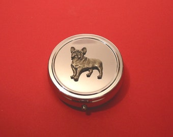 Français Bulldog Pewter Motif sur Round Chrome Mint / Pill Box Mother Father Cadeau de Noël