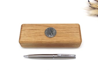 St Christopher design Oak Wooden Pen Box & Pen Set - Fathers Day Gift - St Christopher Charm - Traveller Gift - Safe Travels Adventure Gift